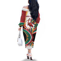 Trinidad and Tobago Scarlet Ibis Family Matching Off The Shoulder Long Sleeve Dress and Hawaiian Shirt with Tropical Leaves and National Flag Design TS04