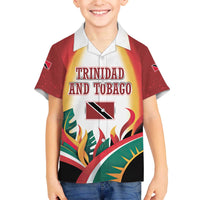 Trinidad and Tobago Scarlet Ibis Family Matching Off The Shoulder Long Sleeve Dress and Hawaiian Shirt with Tropical Leaves and National Flag Design TS04