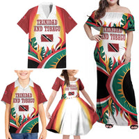 Trinidad and Tobago Scarlet Ibis Family Matching Off Shoulder Maxi Dress and Hawaiian Shirt with Tropical Leaves and National Flag Design TS04