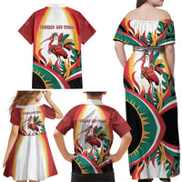 Trinidad and Tobago Scarlet Ibis Family Matching Off Shoulder Maxi Dress and Hawaiian Shirt with Tropical Leaves and National Flag Design TS04