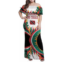 Trinidad and Tobago Scarlet Ibis Family Matching Off Shoulder Maxi Dress and Hawaiian Shirt with Tropical Leaves and National Flag Design TS04