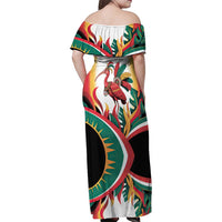 Trinidad and Tobago Scarlet Ibis Family Matching Off Shoulder Maxi Dress and Hawaiian Shirt with Tropical Leaves and National Flag Design TS04