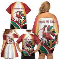 Trinidad and Tobago Scarlet Ibis Family Matching Off Shoulder Short Dress and Hawaiian Shirt with Tropical Leaves and National Flag Design TS04
