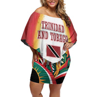 Trinidad and Tobago Scarlet Ibis Family Matching Off Shoulder Short Dress and Hawaiian Shirt with Tropical Leaves and National Flag Design TS04
