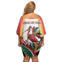 Trinidad and Tobago Scarlet Ibis Family Matching Off Shoulder Short Dress and Hawaiian Shirt with Tropical Leaves and National Flag Design TS04