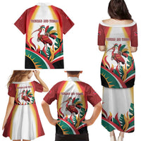 Trinidad and Tobago Scarlet Ibis Family Matching Puletasi and Hawaiian Shirt with Tropical Leaves and National Flag Design TS04