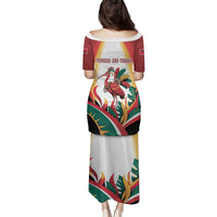 Trinidad and Tobago Scarlet Ibis Family Matching Puletasi and Hawaiian Shirt with Tropical Leaves and National Flag Design TS04