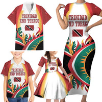 Trinidad and Tobago Scarlet Ibis Family Matching Short Sleeve Bodycon Dress and Hawaiian Shirt with Tropical Leaves and National Flag Design TS04