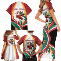 Trinidad and Tobago Scarlet Ibis Family Matching Short Sleeve Bodycon Dress and Hawaiian Shirt with Tropical Leaves and National Flag Design TS04