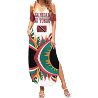 Trinidad and Tobago Scarlet Ibis Family Matching Summer Maxi Dress and Hawaiian Shirt with Tropical Leaves and National Flag Design TS04