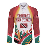 Trinidad and Tobago Scarlet Ibis Long Sleeve Button Shirt with Tropical Leaves and National Flag Design TS04