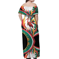 Trinidad and Tobago Scarlet Ibis Off Shoulder Maxi Dress with Tropical Leaves and National Flag Design TS04