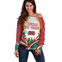 Trinidad and Tobago Scarlet Ibis Off Shoulder Sweater with Tropical Leaves and National Flag Design TS04