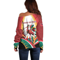 Trinidad and Tobago Scarlet Ibis Off Shoulder Sweater with Tropical Leaves and National Flag Design TS04