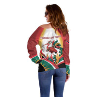 Trinidad and Tobago Scarlet Ibis Off Shoulder Sweater with Tropical Leaves and National Flag Design TS04