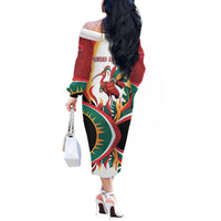 Trinidad and Tobago Scarlet Ibis Off The Shoulder Long Sleeve Dress with Tropical Leaves and National Flag Design TS04