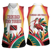 Trinidad and Tobago Scarlet Ibis Women Sleeveless Polo Shirt with Tropical Leaves and National Flag Design TS04