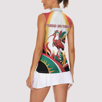 Trinidad and Tobago Scarlet Ibis Women Sleeveless Polo Shirt with Tropical Leaves and National Flag Design TS04
