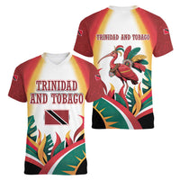 Trinidad and Tobago Scarlet Ibis Women V-Neck T-Shirt with Tropical Leaves and National Flag Design TS04