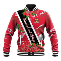 Trinidad and Tobago Red Poinsettia Baseball Jacket with National Crest and Diagonal Flag Sash Design - Wonder Print Shop