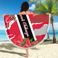 Trinidad and Tobago Red Poinsettia Beach Blanket with National Crest and Diagonal Flag Sash Design - Wonder Print Shop