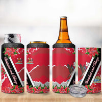Trinidad and Tobago Red Poinsettia 4 in 1 Can Cooler Tumbler with National Crest and Diagonal Flag Sash Design - Wonder Print Shop