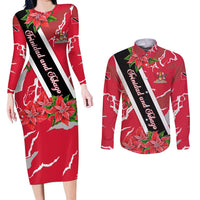 Trinidad and Tobago Red Poinsettia Couples Matching Long Sleeve Bodycon Dress and Long Sleeve Button Shirt with National Crest and Diagonal Flag Sash Design - Wonder Print Shop