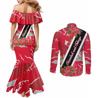 Trinidad and Tobago Red Poinsettia Couples Matching Mermaid Dress and Long Sleeve Button Shirt with National Crest and Diagonal Flag Sash Design - Wonder Print Shop