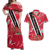 Trinidad and Tobago Red Poinsettia Couples Matching Off Shoulder Maxi Dress and Hawaiian Shirt with National Crest and Diagonal Flag Sash Design - Wonder Print Shop