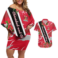 Trinidad and Tobago Red Poinsettia Couples Matching Off Shoulder Short Dress and Hawaiian Shirt with National Crest and Diagonal Flag Sash Design - Wonder Print Shop