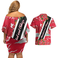 Trinidad and Tobago Red Poinsettia Couples Matching Off Shoulder Short Dress and Hawaiian Shirt with National Crest and Diagonal Flag Sash Design - Wonder Print Shop