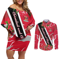 Trinidad and Tobago Red Poinsettia Couples Matching Off Shoulder Short Dress and Long Sleeve Button Shirt with National Crest and Diagonal Flag Sash Design - Wonder Print Shop