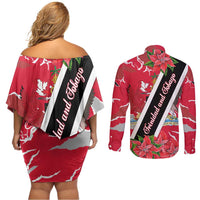 Trinidad and Tobago Red Poinsettia Couples Matching Off Shoulder Short Dress and Long Sleeve Button Shirt with National Crest and Diagonal Flag Sash Design - Wonder Print Shop
