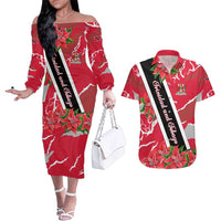Trinidad and Tobago Red Poinsettia Couples Matching Off The Shoulder Long Sleeve Dress and Hawaiian Shirt with National Crest and Diagonal Flag Sash Design - Wonder Print Shop