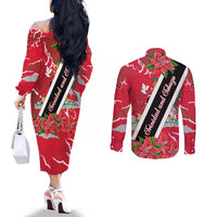 Trinidad and Tobago Red Poinsettia Couples Matching Off The Shoulder Long Sleeve Dress and Long Sleeve Button Shirt with National Crest and Diagonal Flag Sash Design - Wonder Print Shop