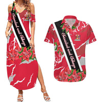 Trinidad and Tobago Red Poinsettia Couples Matching Summer Maxi Dress and Hawaiian Shirt with National Crest and Diagonal Flag Sash Design - Wonder Print Shop