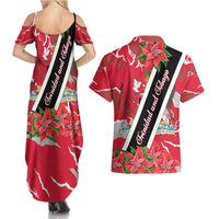 Trinidad and Tobago Red Poinsettia Couples Matching Summer Maxi Dress and Hawaiian Shirt with National Crest and Diagonal Flag Sash Design - Wonder Print Shop