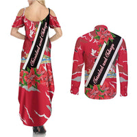Trinidad and Tobago Red Poinsettia Couples Matching Summer Maxi Dress and Long Sleeve Button Shirt with National Crest and Diagonal Flag Sash Design - Wonder Print Shop