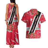 Trinidad and Tobago Red Poinsettia Couples Matching Tank Maxi Dress and Hawaiian Shirt with National Crest and Diagonal Flag Sash Design - Wonder Print Shop