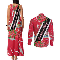 Trinidad and Tobago Red Poinsettia Couples Matching Tank Maxi Dress and Long Sleeve Button Shirt with National Crest and Diagonal Flag Sash Design - Wonder Print Shop