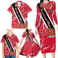 Trinidad and Tobago Red Poinsettia Family Matching Long Sleeve Bodycon Dress and Hawaiian Shirt with National Crest and Diagonal Flag Sash Design - Wonder Print Shop