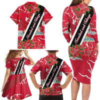 Trinidad and Tobago Red Poinsettia Family Matching Long Sleeve Bodycon Dress and Hawaiian Shirt with National Crest and Diagonal Flag Sash Design - Wonder Print Shop