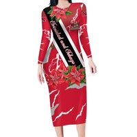 Trinidad and Tobago Red Poinsettia Family Matching Long Sleeve Bodycon Dress and Hawaiian Shirt with National Crest and Diagonal Flag Sash Design - Wonder Print Shop
