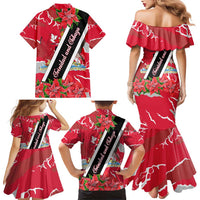 Trinidad and Tobago Red Poinsettia Family Matching Mermaid Dress and Hawaiian Shirt with National Crest and Diagonal Flag Sash Design - Wonder Print Shop