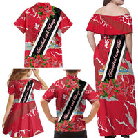 Trinidad and Tobago Red Poinsettia Family Matching Off Shoulder Maxi Dress and Hawaiian Shirt with National Crest and Diagonal Flag Sash Design - Wonder Print Shop