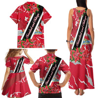 Trinidad and Tobago Red Poinsettia Family Matching Tank Maxi Dress and Hawaiian Shirt with National Crest and Diagonal Flag Sash Design - Wonder Print Shop