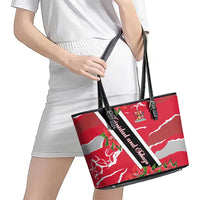 Trinidad and Tobago Red Poinsettia Leather Tote Bag with National Crest and Diagonal Flag Sash Design - Wonder Print Shop