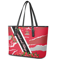 Trinidad and Tobago Red Poinsettia Leather Tote Bag with National Crest and Diagonal Flag Sash Design - Wonder Print Shop