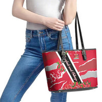 Trinidad and Tobago Red Poinsettia Leather Tote Bag with National Crest and Diagonal Flag Sash Design - Wonder Print Shop