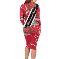 Trinidad and Tobago Red Poinsettia Long Sleeve Bodycon Dress with National Crest and Diagonal Flag Sash Design - Wonder Print Shop